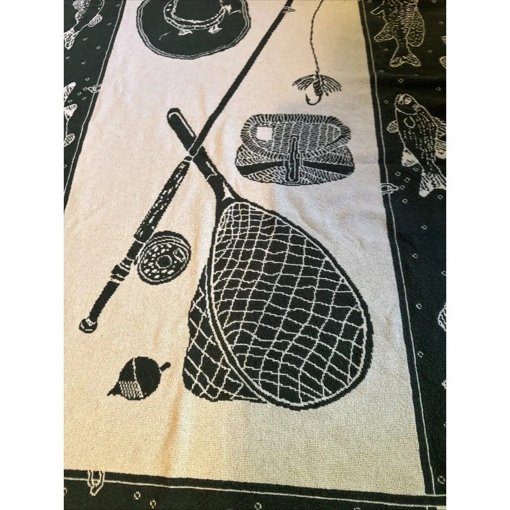 Vintage MWW Fly Fishing Trout Lodge Cabin Throw Blanket Jacquard 45x62 Green